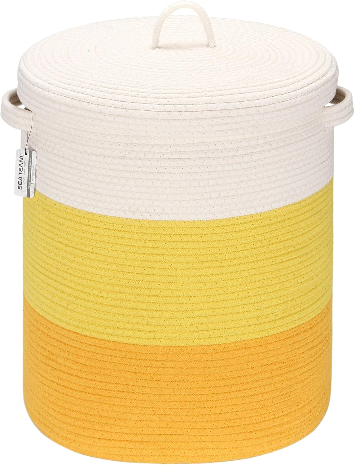 Front view of a two‑tone yellow and orange rope laundry basket with matching lid