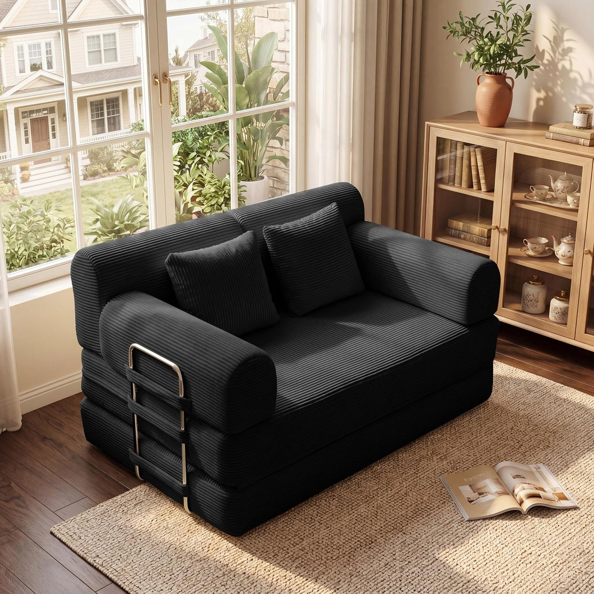 Black ribbed loveseat with two square pillows and metal ladder-style side rails, on a textured rug by a cabinet.