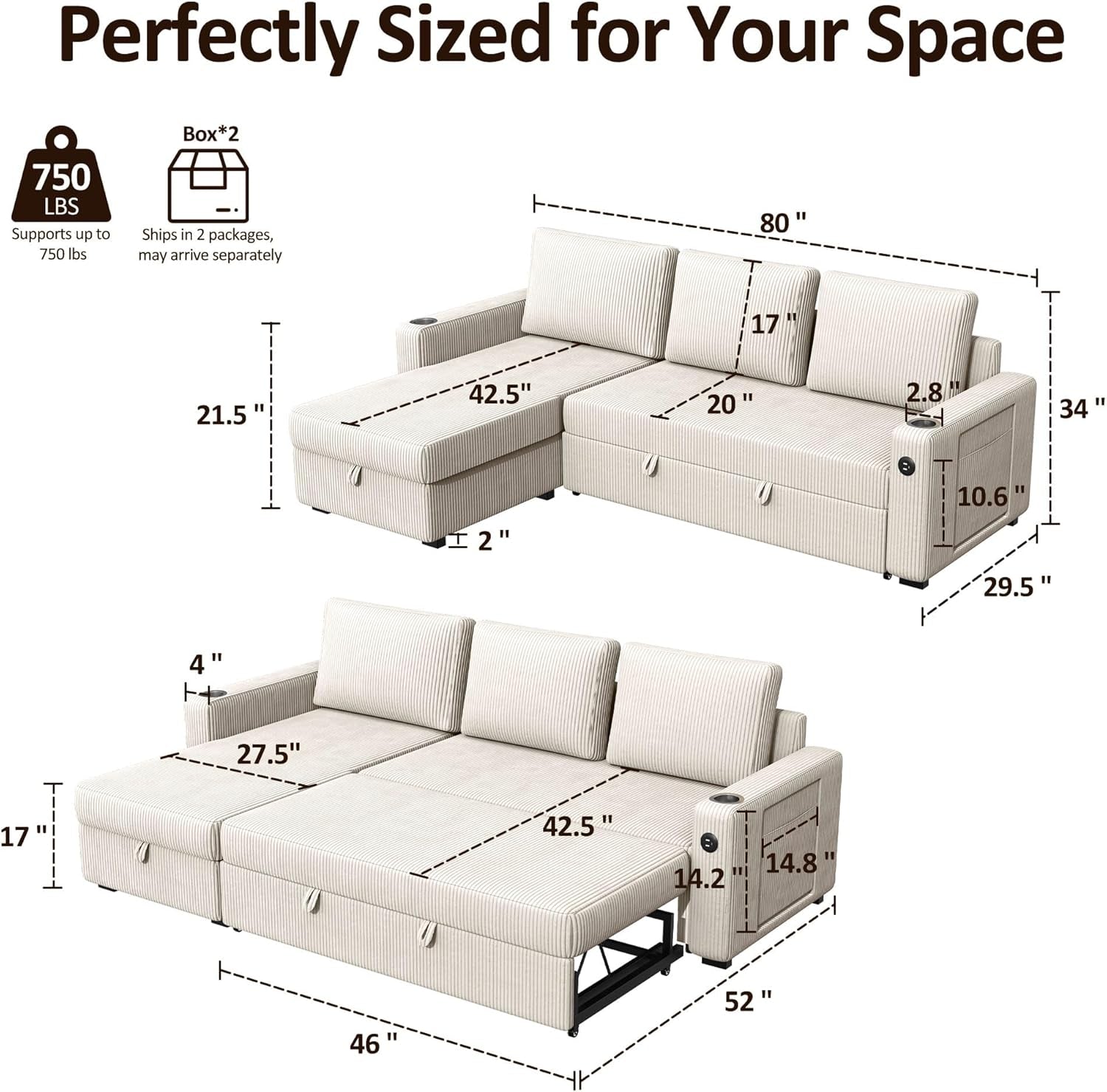 Diagram view of beige sectional with dimensional overlays showing chaise, seat and arm measurements