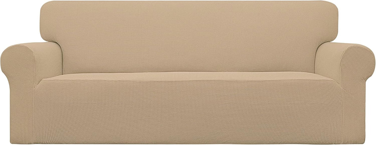 Front-facing sand-colored loveseat cover highlighting rounded rolled arms and a flat, snug seat fit.