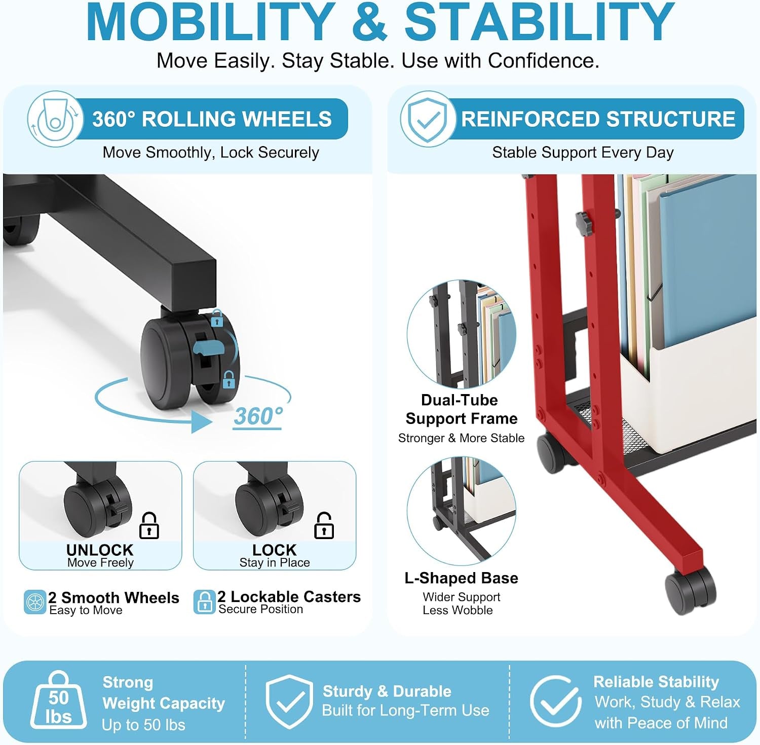 Graphic close-up of 360-degree rolling casters with lock icons and dual-tube metal frame with L-shaped base