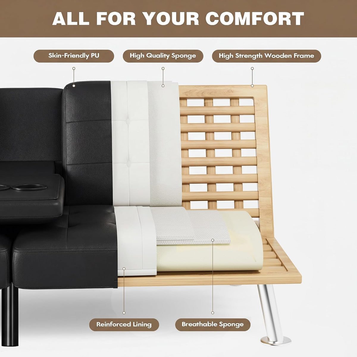 Cutaway detail of the futon showing black cover layers, sponge padding and a wooden slatted frame section.