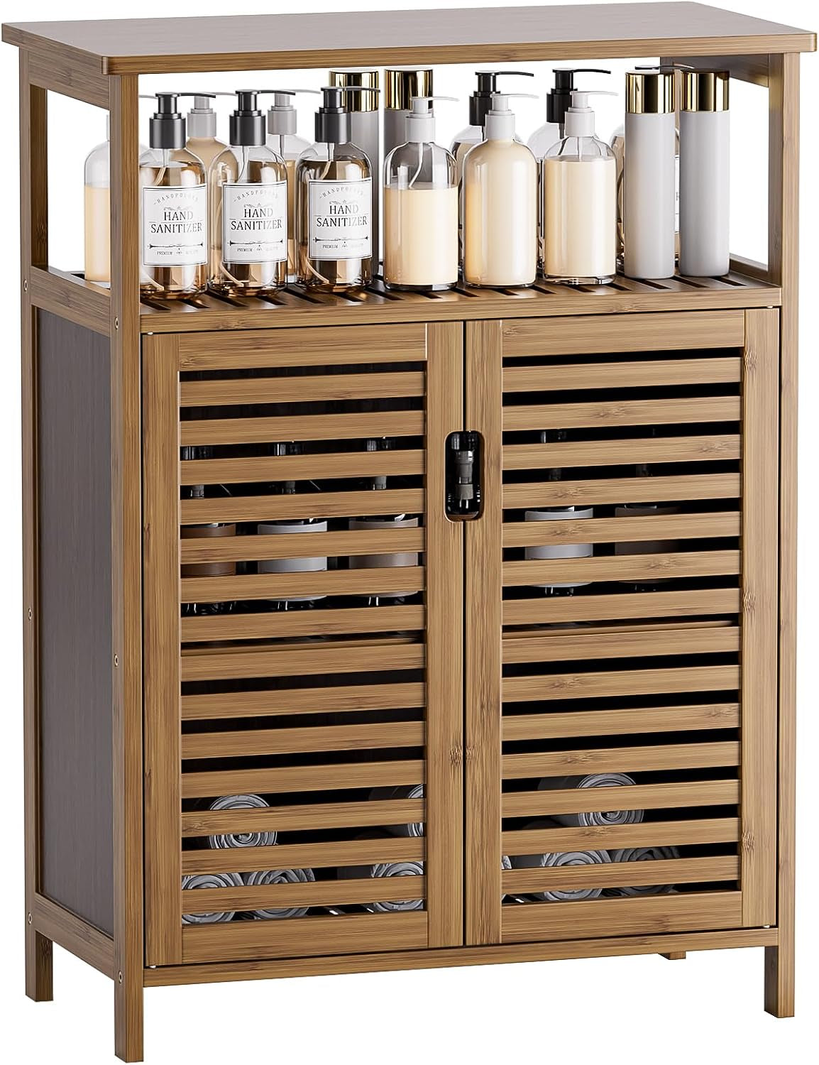 Bamboo freestanding cabinet front view with slatted double doors and open top shelf holding dispensers
