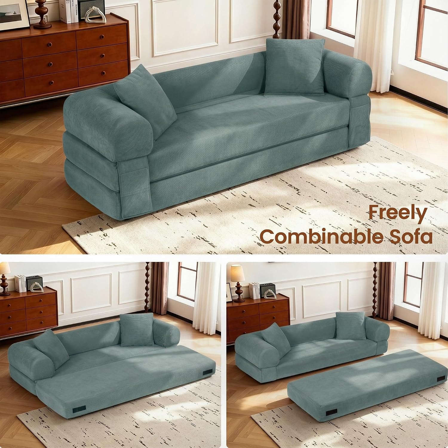 Light green corduroy sofa in a living room shown both as a couch and with a separate mattress piece to illustrate modularity