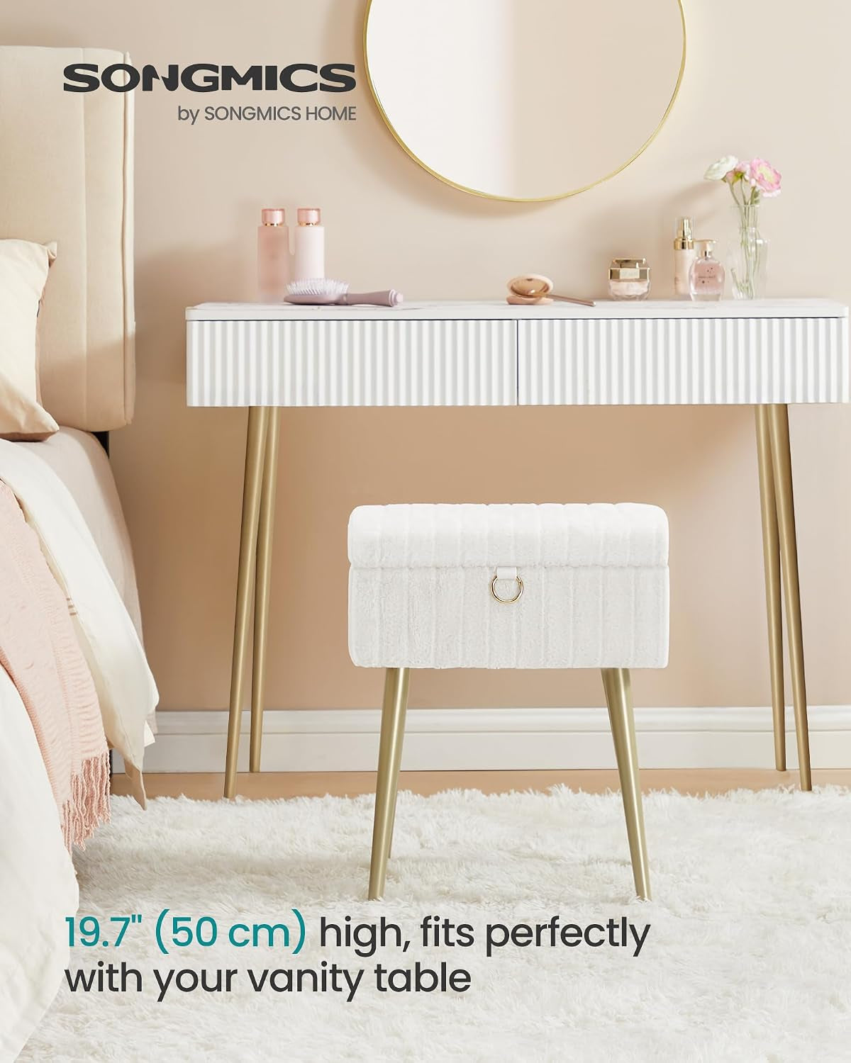 Stool placed under a vanity table in a softly lit bedroom with round mirror and shag rug