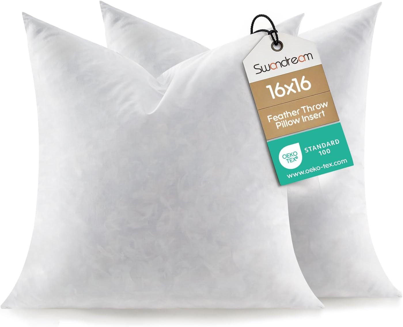 Two square white throw inserts side by side with a size tag hanging from the right pillow