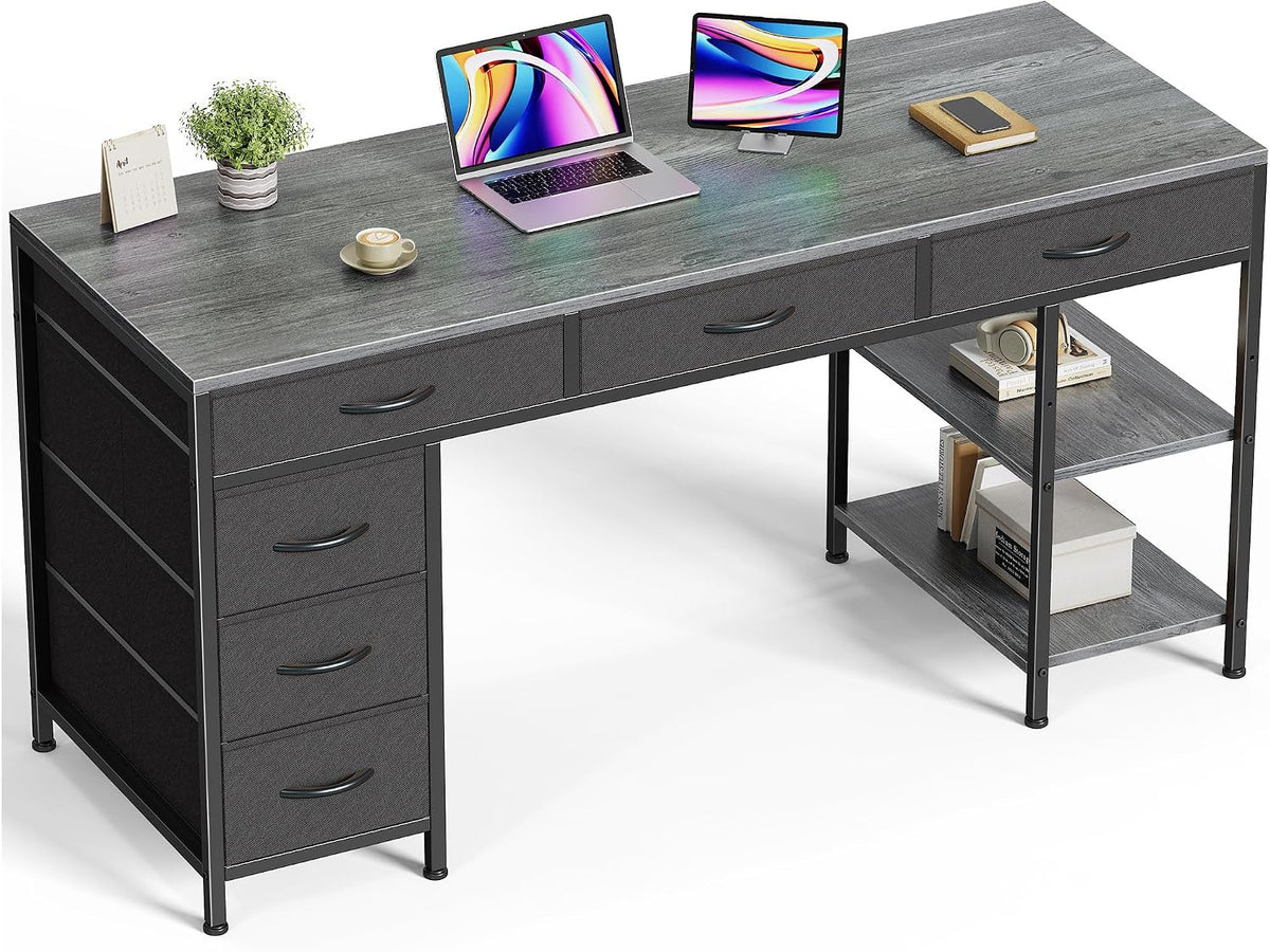 Angled shot highlighting textured dark-gray fabric drawer fronts and the metal leg frame beneath the wood-look top.