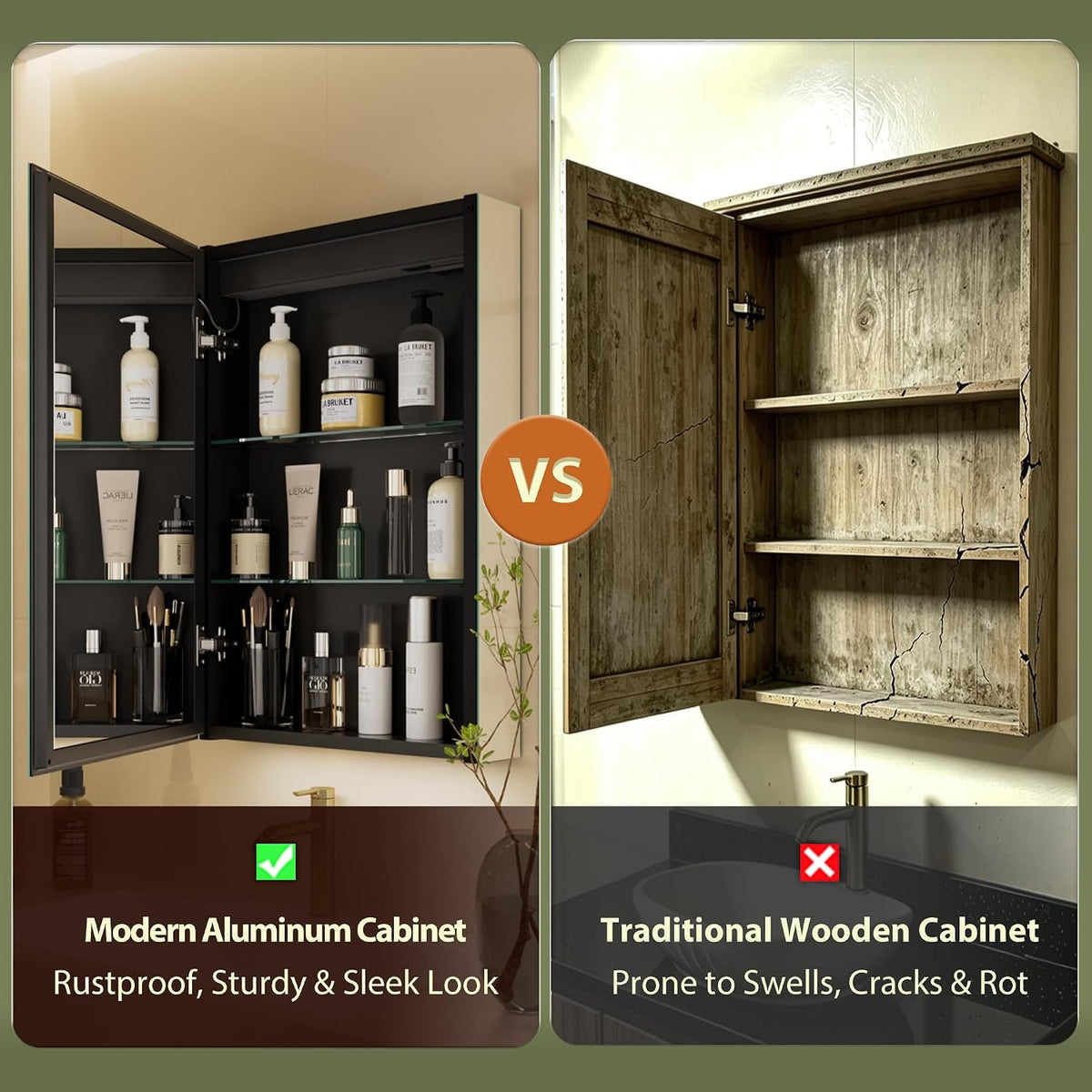 Side-by-side comparison: modern aluminum mirror cabinet open on left, worn traditional wooden cabinet on right.
