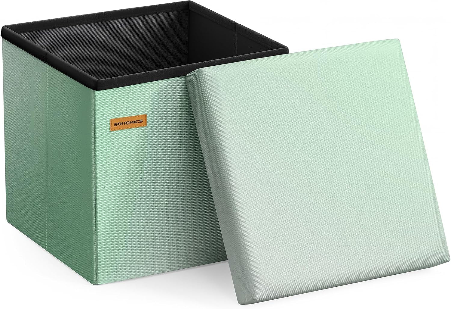 Open mint-green square storage ottoman with removed smooth lid leaning against it