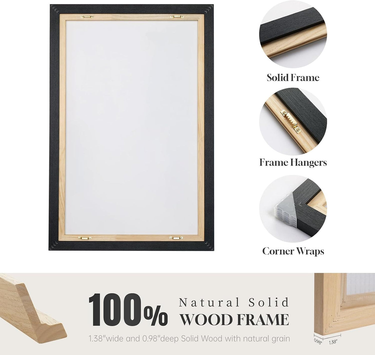 Rear view of a framed canvas showing inner wood stretcher, metal hangers and plastic corner protectors.