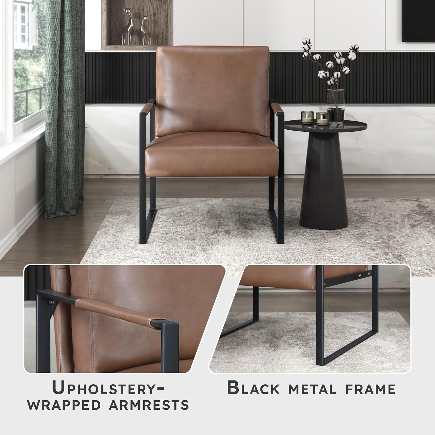 Front view of brown faux leather accent chair on rug with close-up callouts of armrest and metal frame