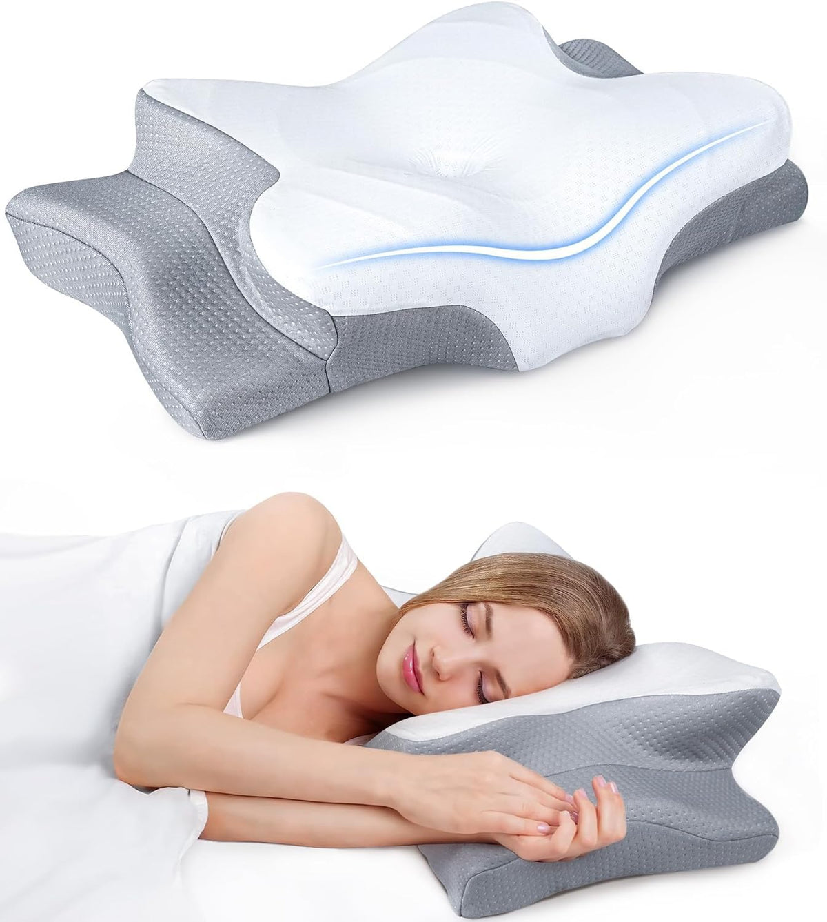 Angled gray-and-white contour pillow shown on a white background above a sleeping woman using it.