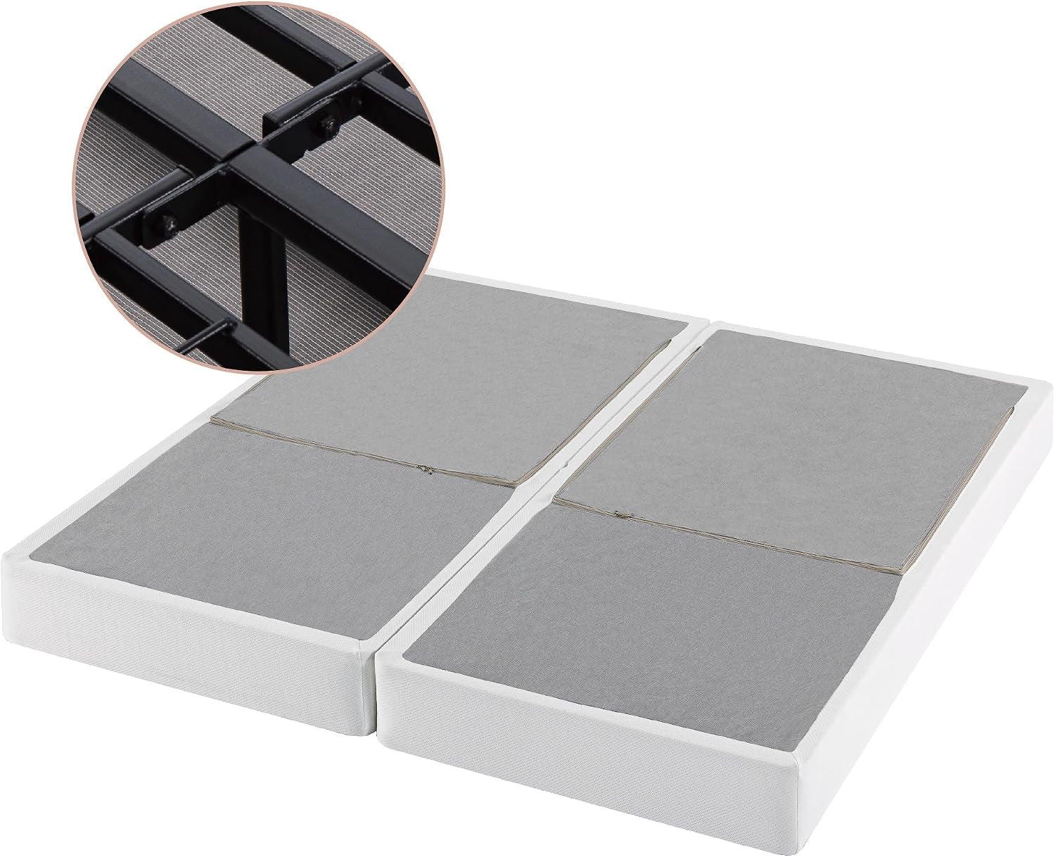 Two white fabric-covered foundation panels side by side with inset close-up of black metal frame