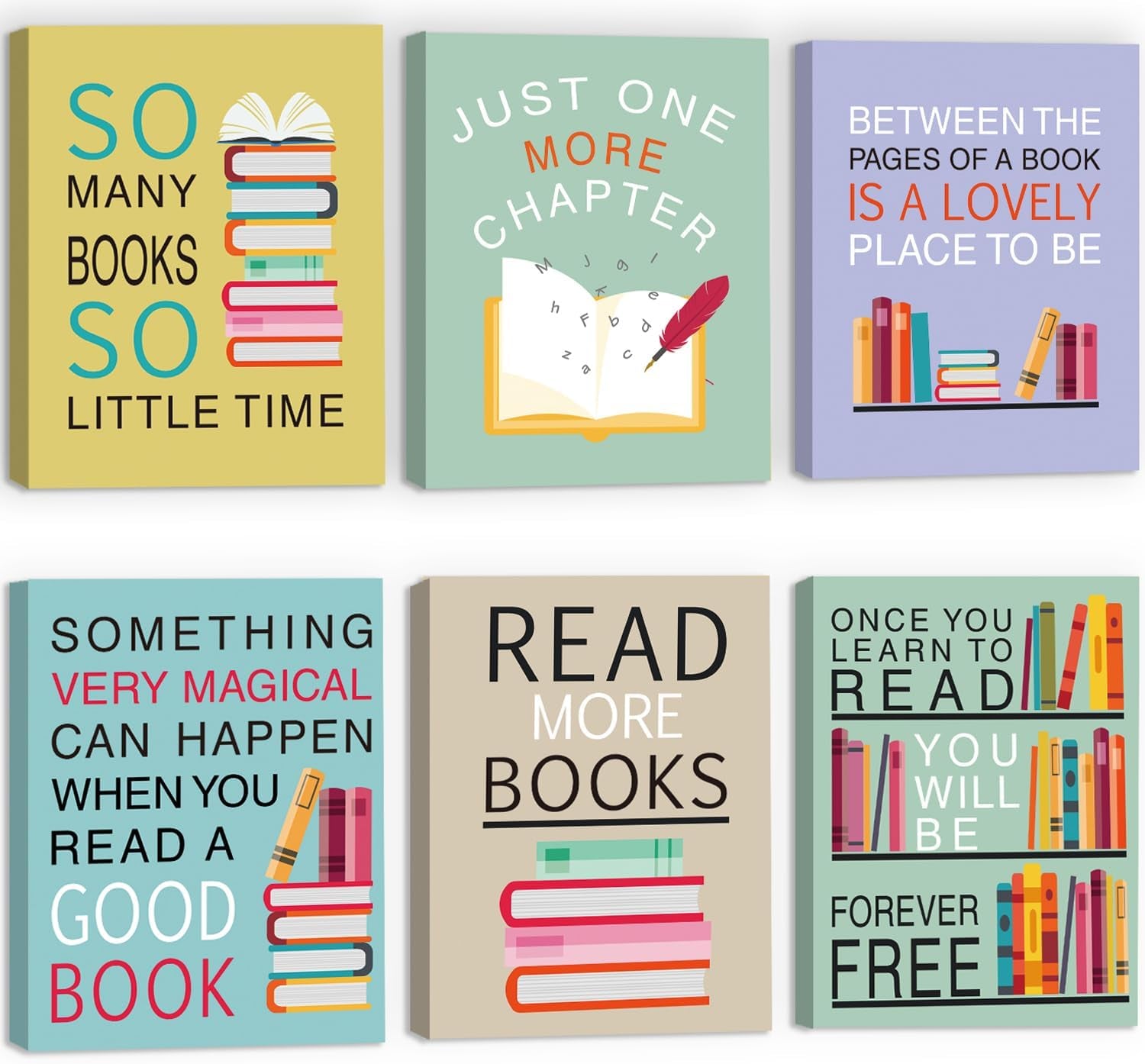 Six colorful book-themed typographic prints with stacks of books and reading quotes, arranged in two rows of three.