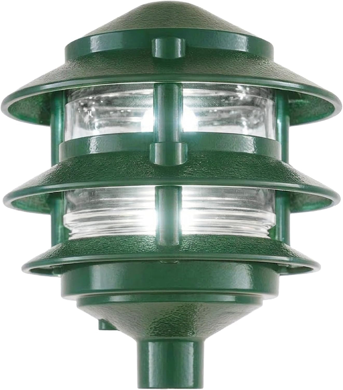 Front view of the pathway light in a glossy green finish with internal light glowing