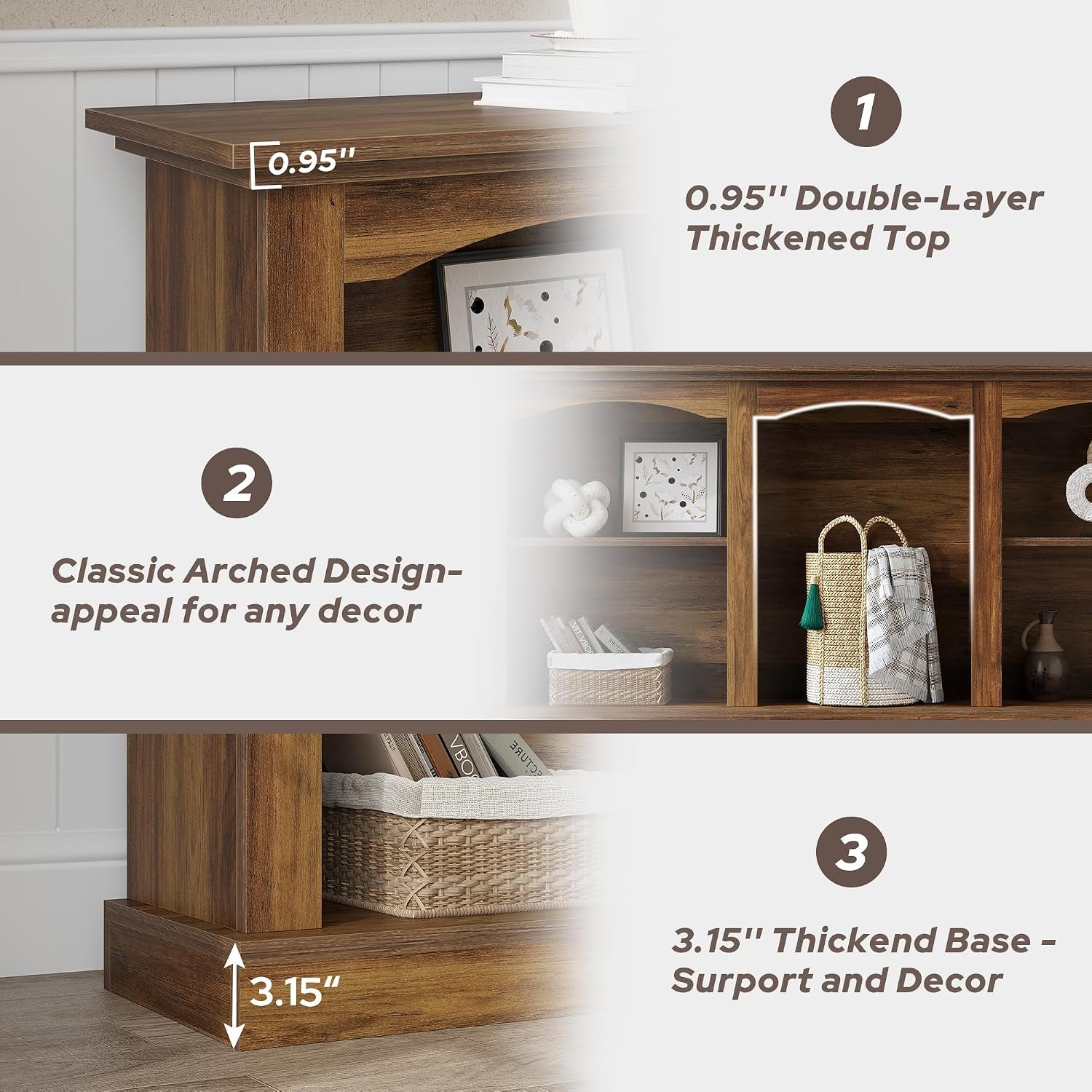 Close-up collage of the table's thick top, arched openings, and raised base in rustic brown.