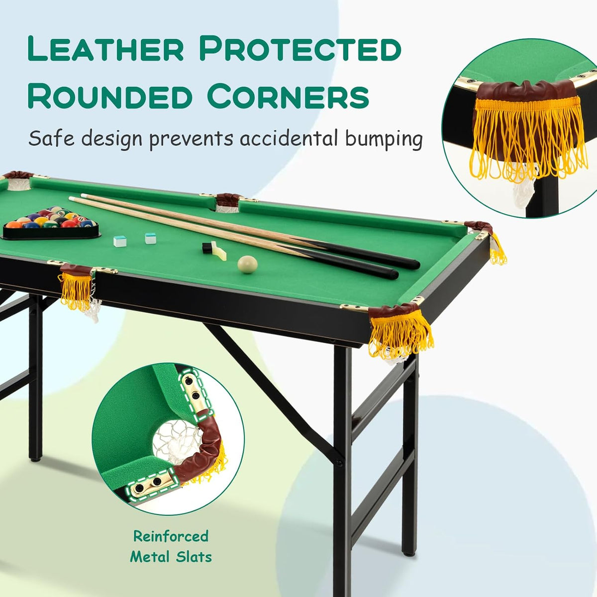 Angled promo view of a green tabletop pool table with two diagonal cues, rack of balls, fringe pockets and two circular