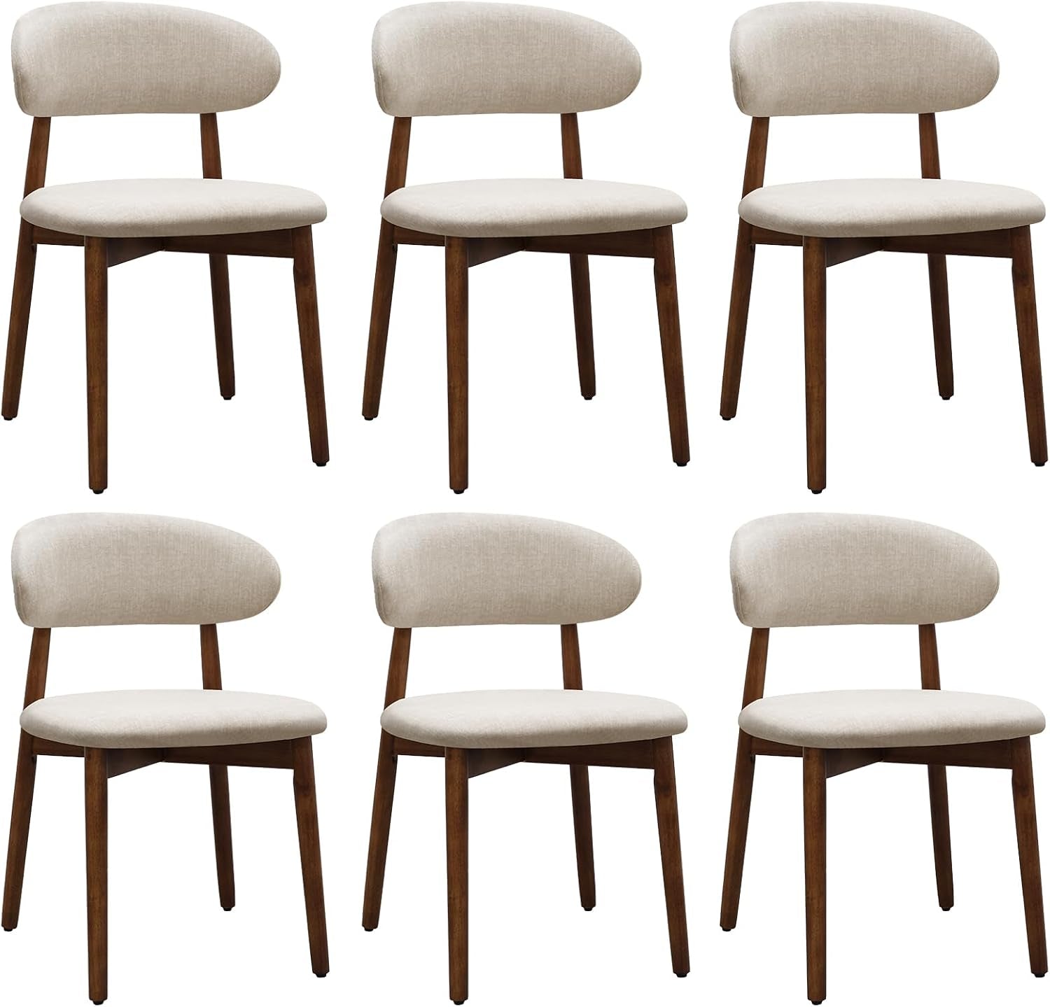 Six beige upholstered dining chairs with curved backs and brown frames shown in two rows.