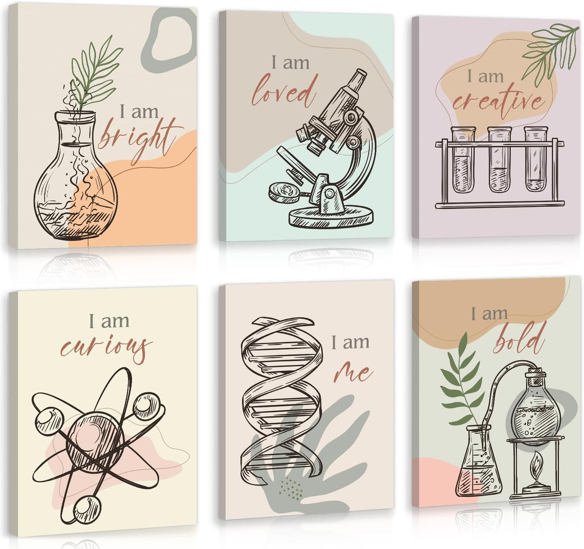 Grid of six pastel canvases with hand-drawn science illustrations and botanical accents.