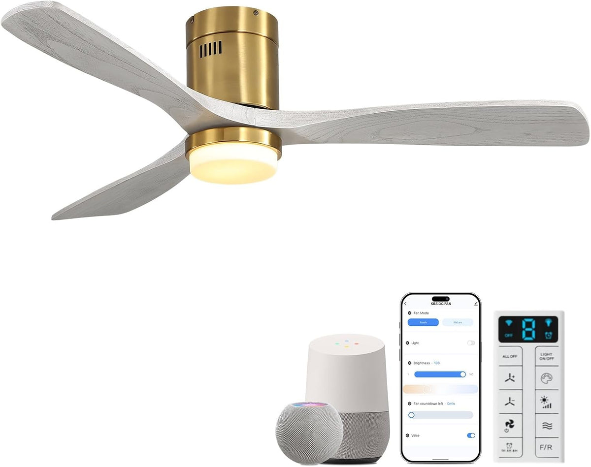 Isolated three-blade fan with gold motor, whitewashed blades, LED light, and smart-control accessories.