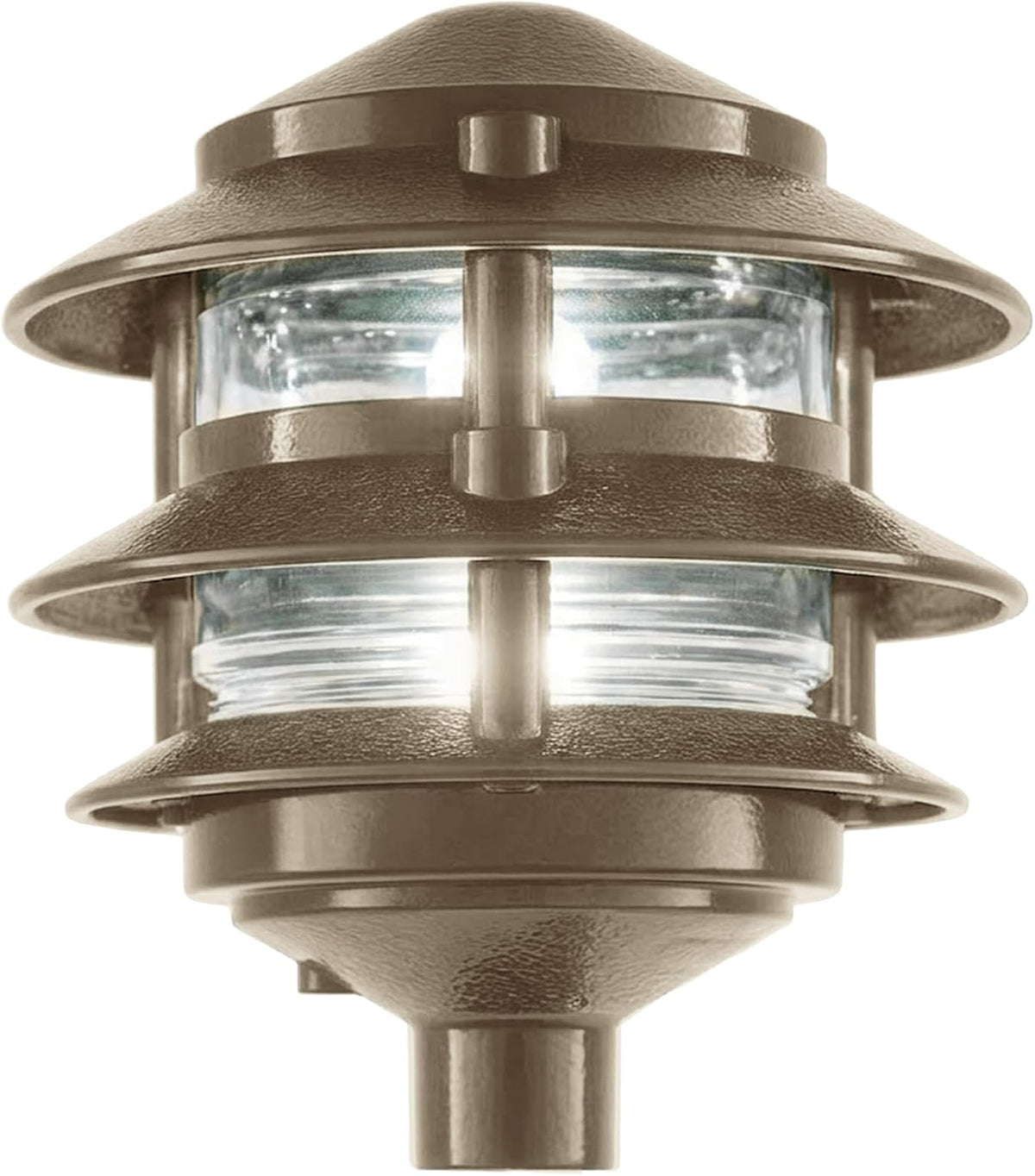 Bronze three-tier pathway light close-up showing glass globe, louvers and short pipe stub, front angled view