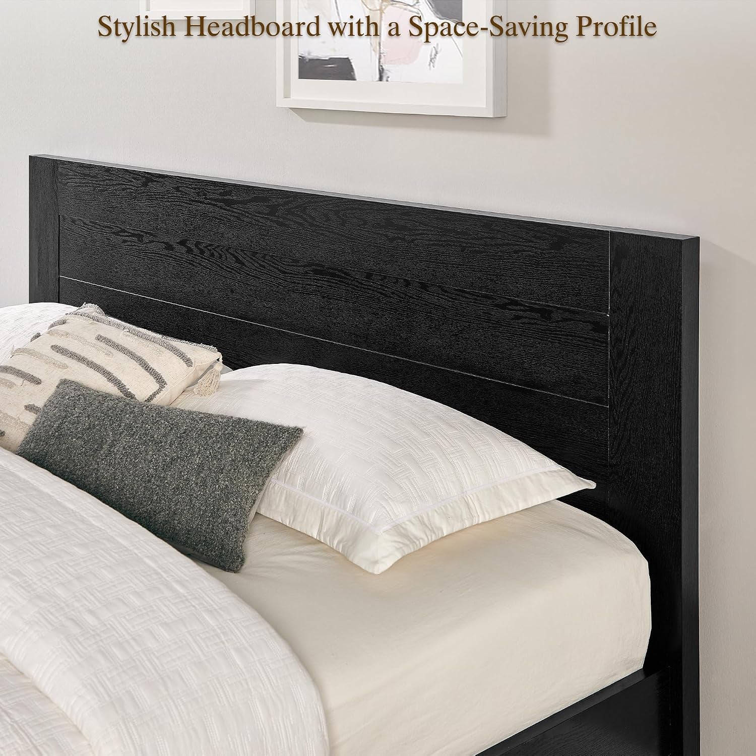 Open footboard showing two lift-up compartments and two large pull-out drawers filled with linens