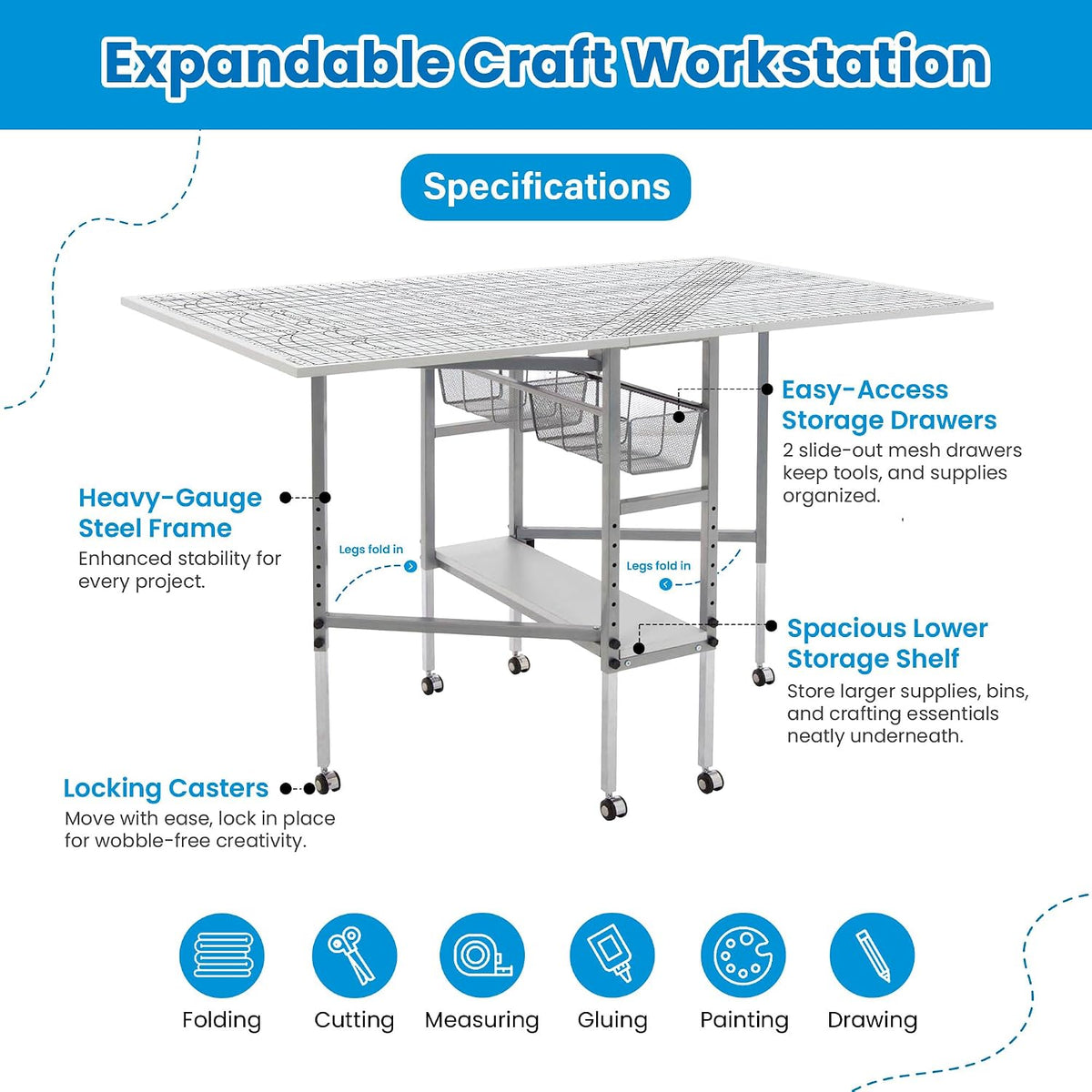 Studio-style image highlighting the steel frame, sliding mesh drawers, lower shelf and locking casters under the grid top