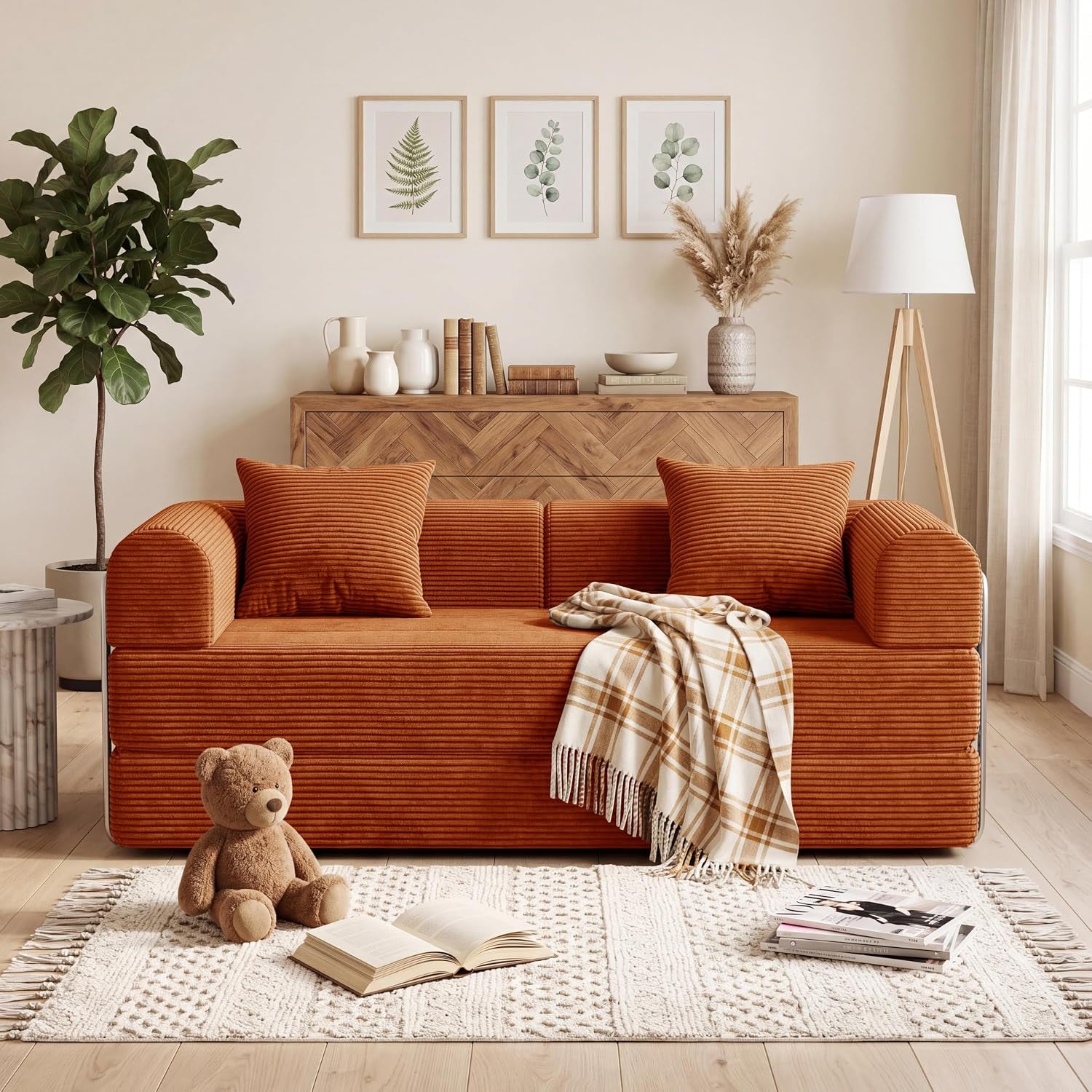 Front view of an orange corduroy sofa with two matching pillows and a plaid throw, teddy on rug.