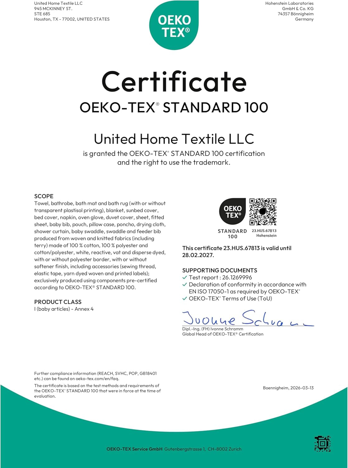 Full-page certification document with logo and text on a white and teal background.