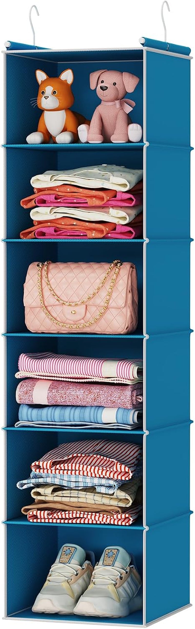 Blue 6-tier hanging organizer hanging from two hooks, shelves filled with folded garments and sneakers at bottom