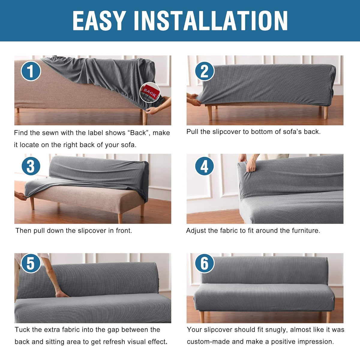 Six-step installation collage showing pulling, tucking and adjusting a grey futon slipcover for a snug fit