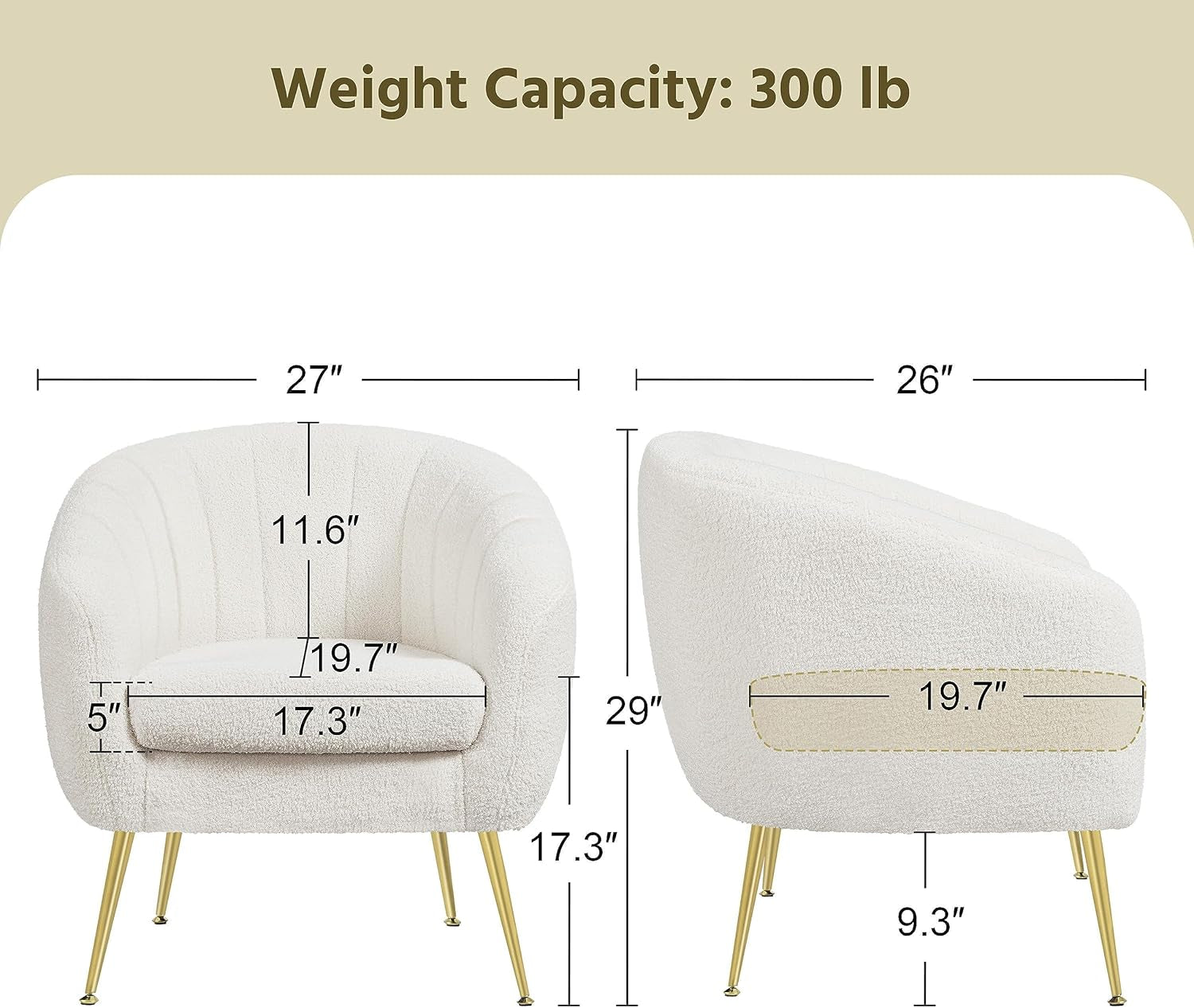Front and side dimension diagram of ivory bouclé barrel chair showing measurements and 300 lb capacity