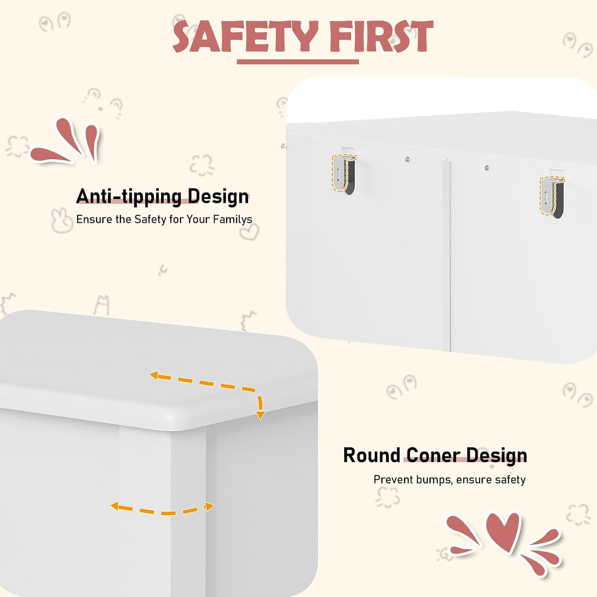 Close-up collage showing dresser's rounded top corner and wall-anchoring anti-tip brackets on a white panel.