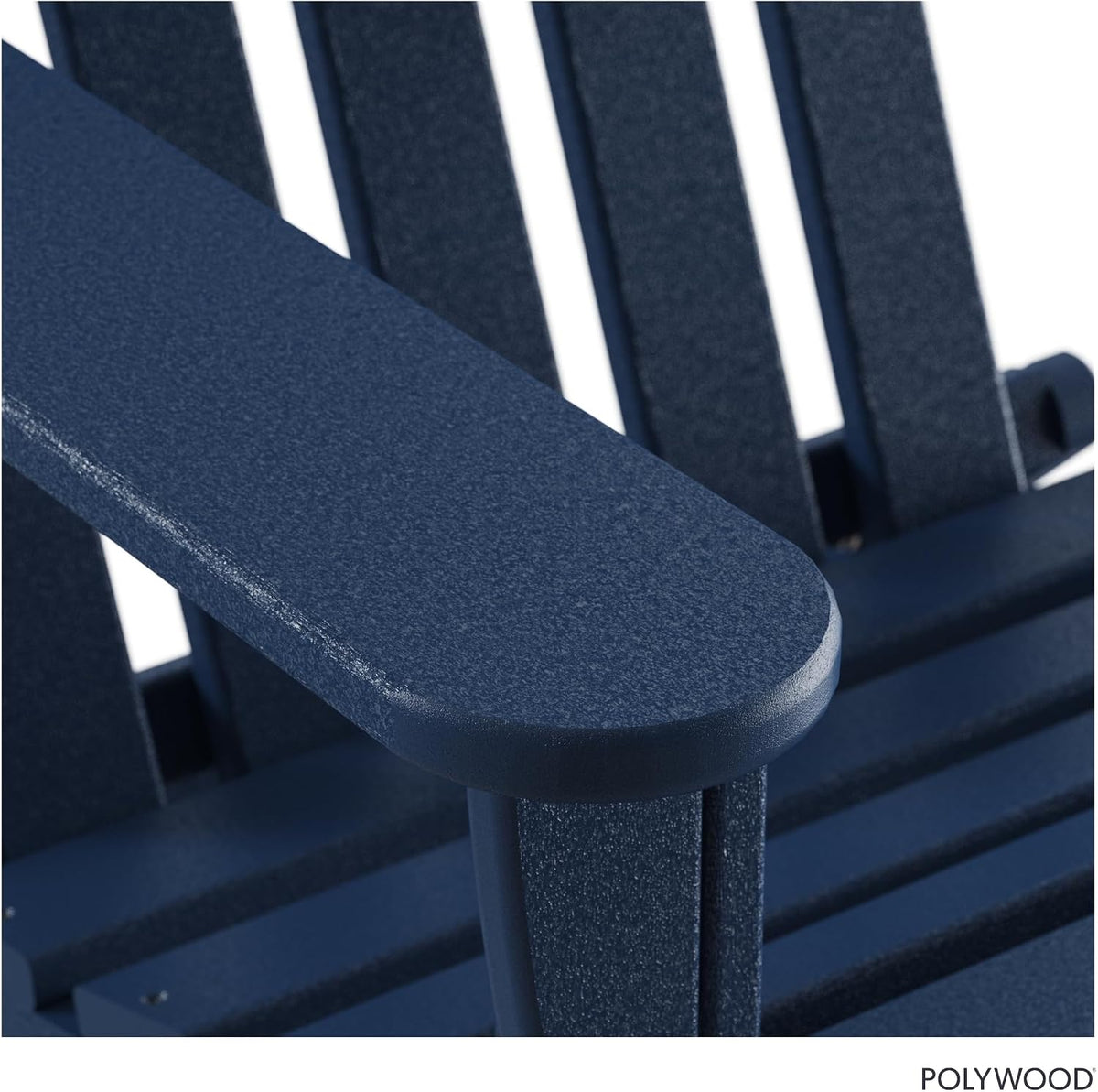 Close-up of navy chair’s rounded armrest end showing textured, pebbled plastic surface and vertical slats behind