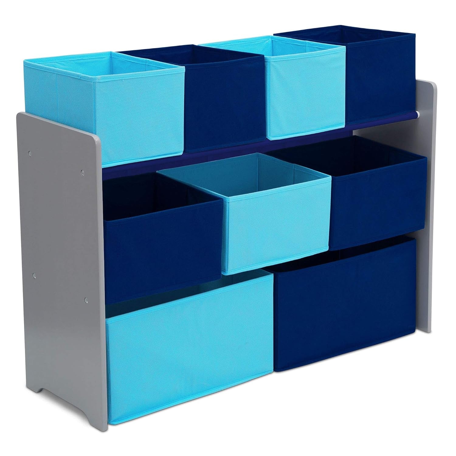 Angled front view of a grey wood organizer holding three rows of alternating light blue and navy fabric storage bins.