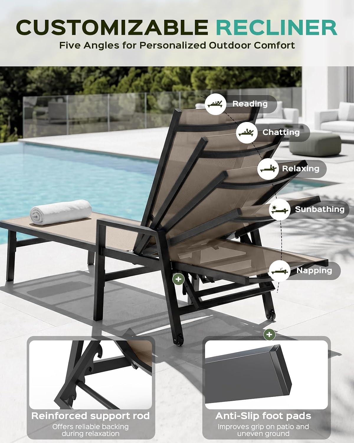 Khaki chaise lounge at poolside showing five adjustable backrest positions from upright to flat