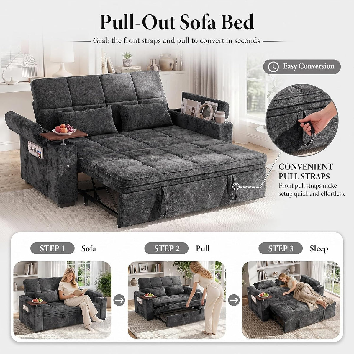 Conversion sequence showing sofa-to-bed pull-out steps with front pull straps and bed extended