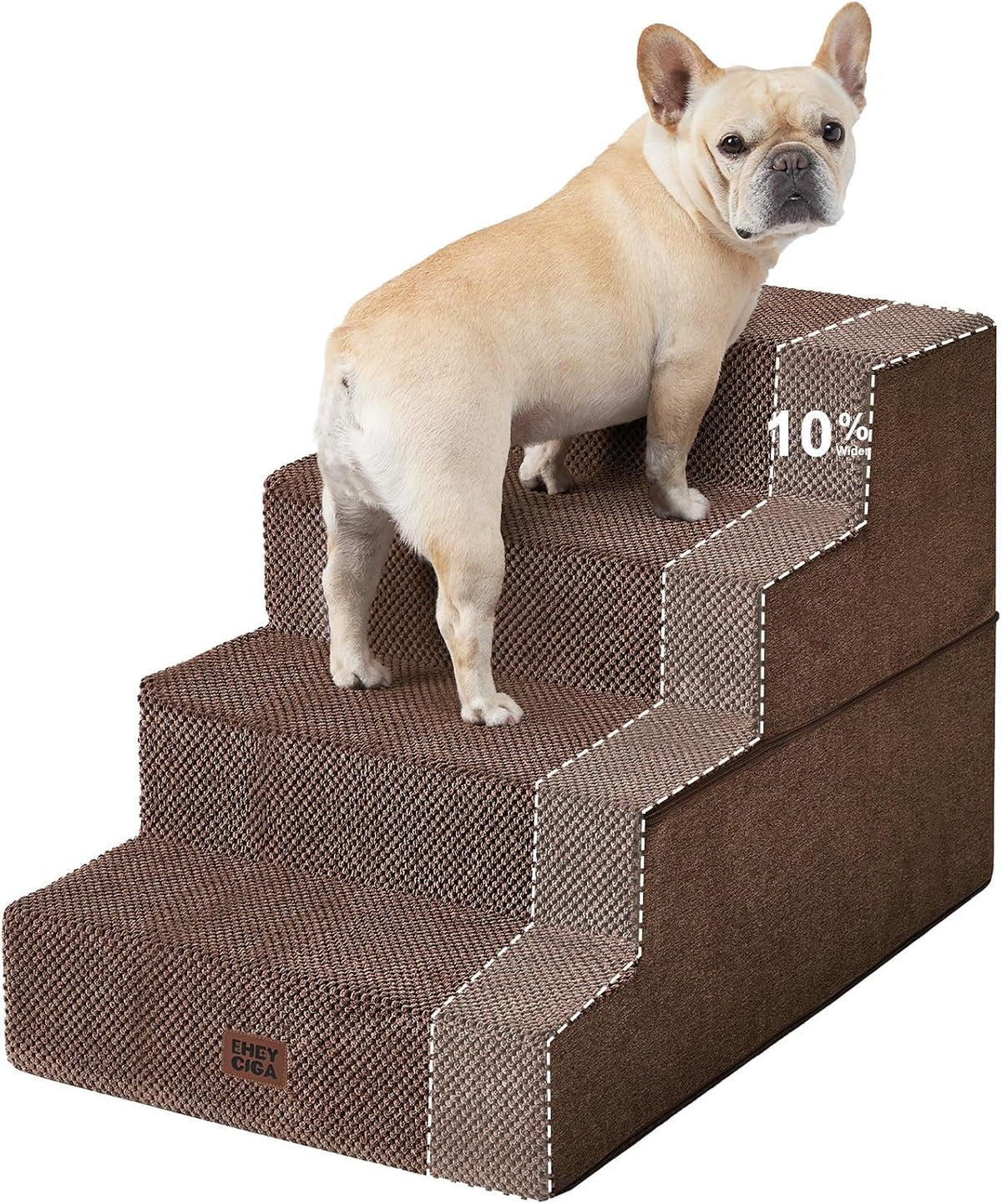 Brown three-step pet stairs with a cream French bulldog and dotted cutaway lines showing step width.