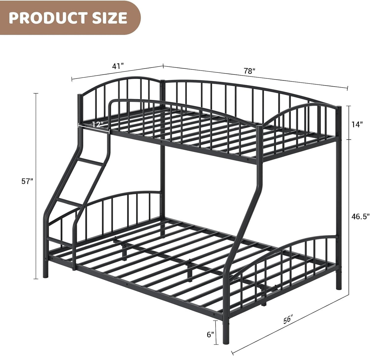 Rendered diagram of the metal bunk bed showing top and bottom frames, ladder and guardrail.