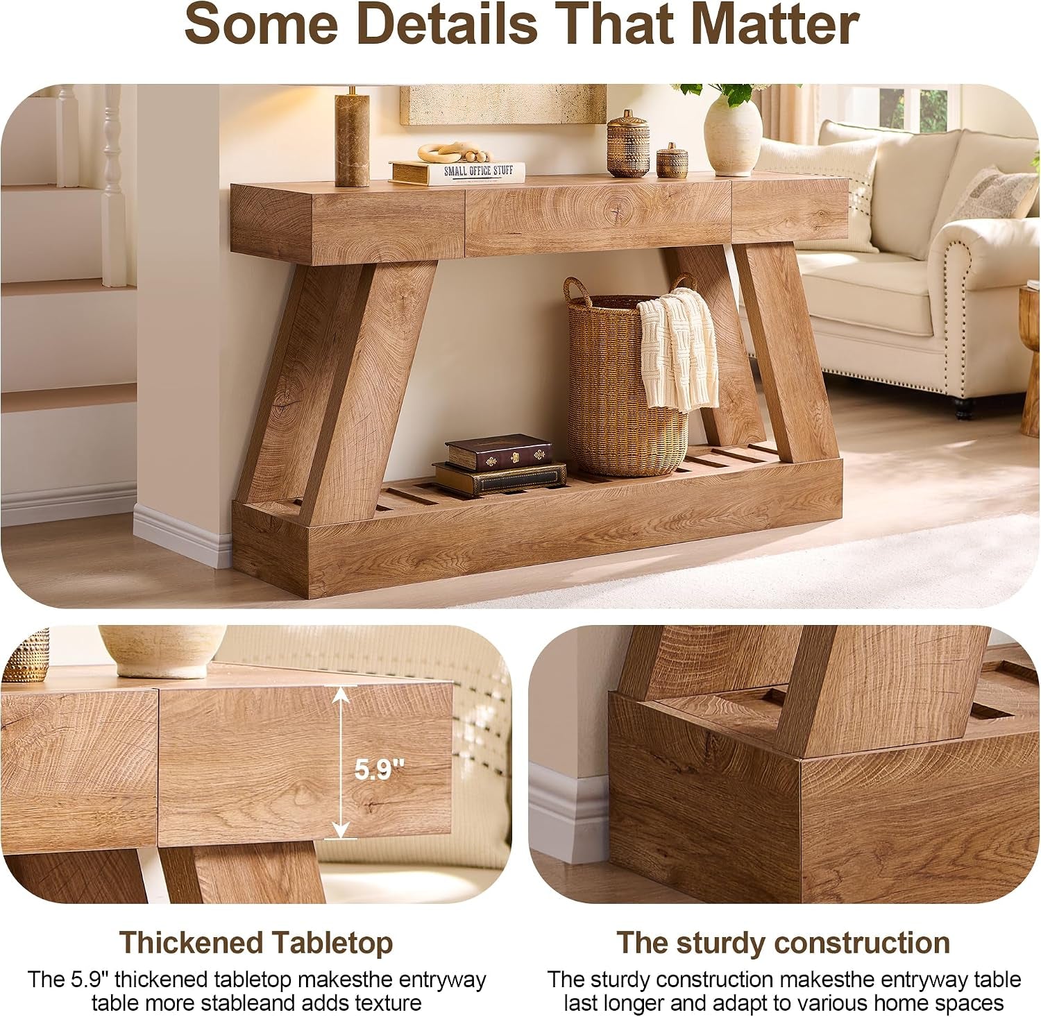 Collage showing the console table, tabletop profile, and a close-up of the lower shelf joint.