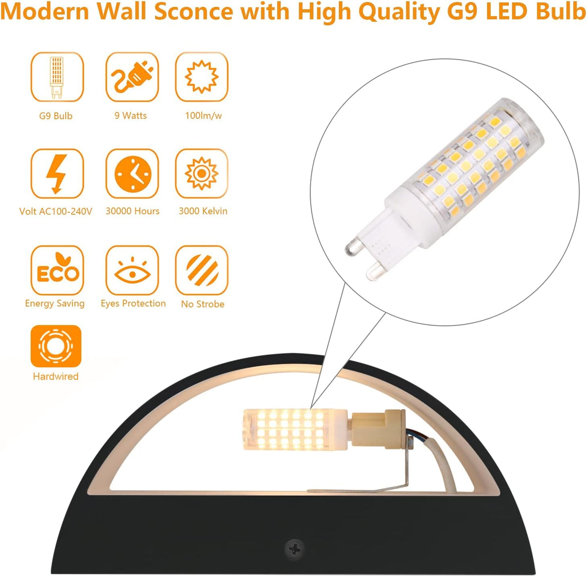 Cutaway view showing the included G9 LED bulb, internal wiring and feature icons