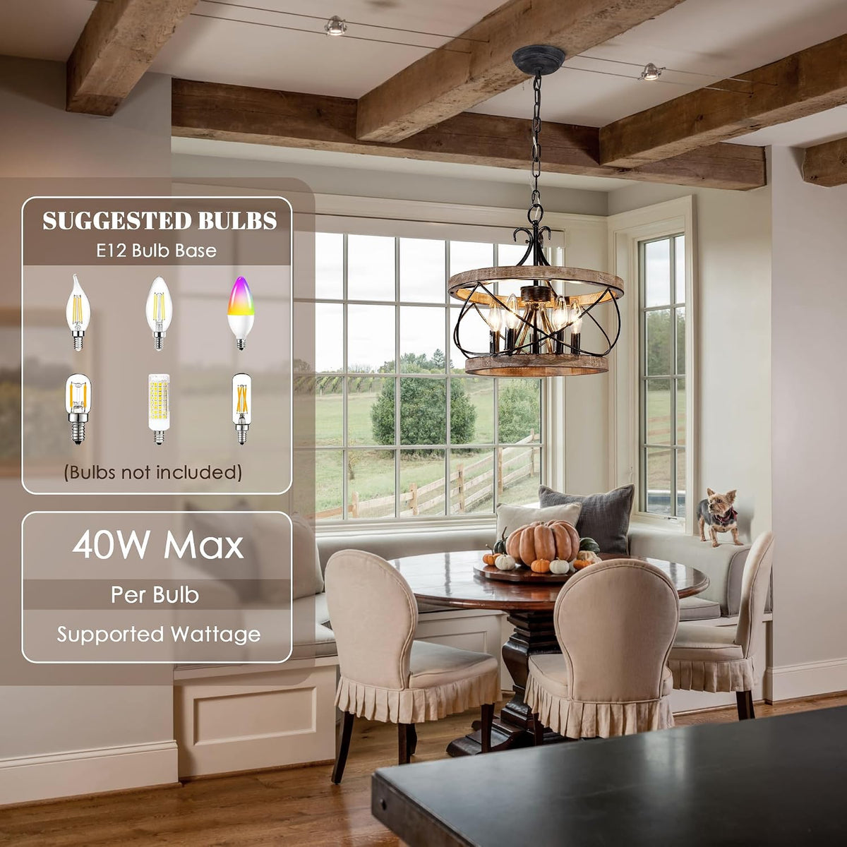Chandelier installed in a dining area with graphic showing E12 bulb types and '40W Max' suggested wattage