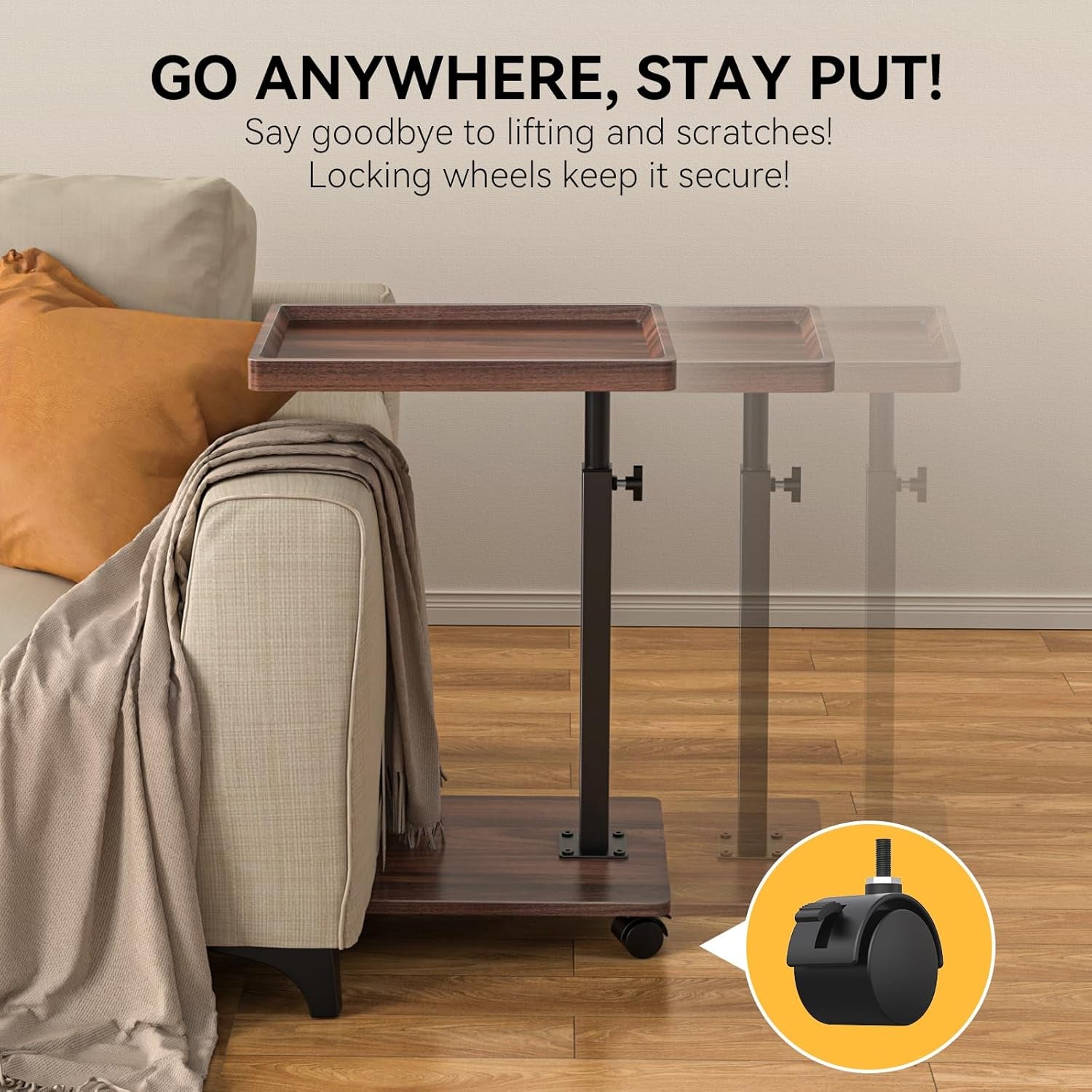 C table next to sofa demonstrating locking caster wheel and movement positions