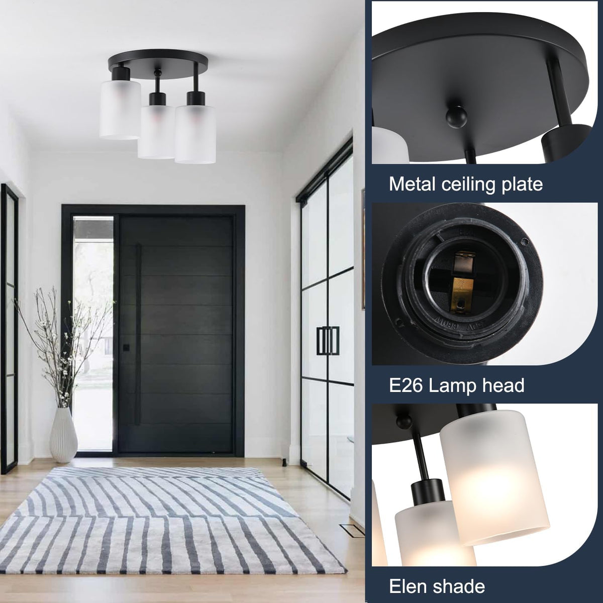 Composite close-ups showing the round metal ceiling plate underside, an E26 lamp socket, and frosted glass shades.