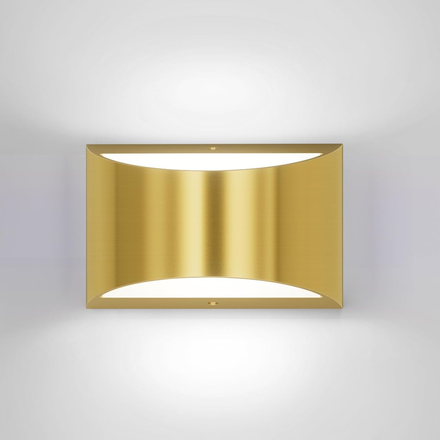 Single gold rectangular wall sconce lit, up-and-down light beams on a white wall.