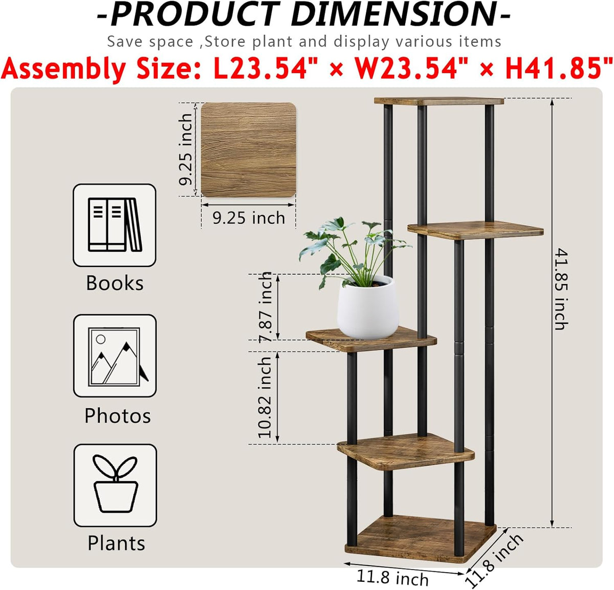 Graphic showing 5-tier assembly dimensions 23.54 × 23.54 × 41.85 inches and labeled shelf spacing