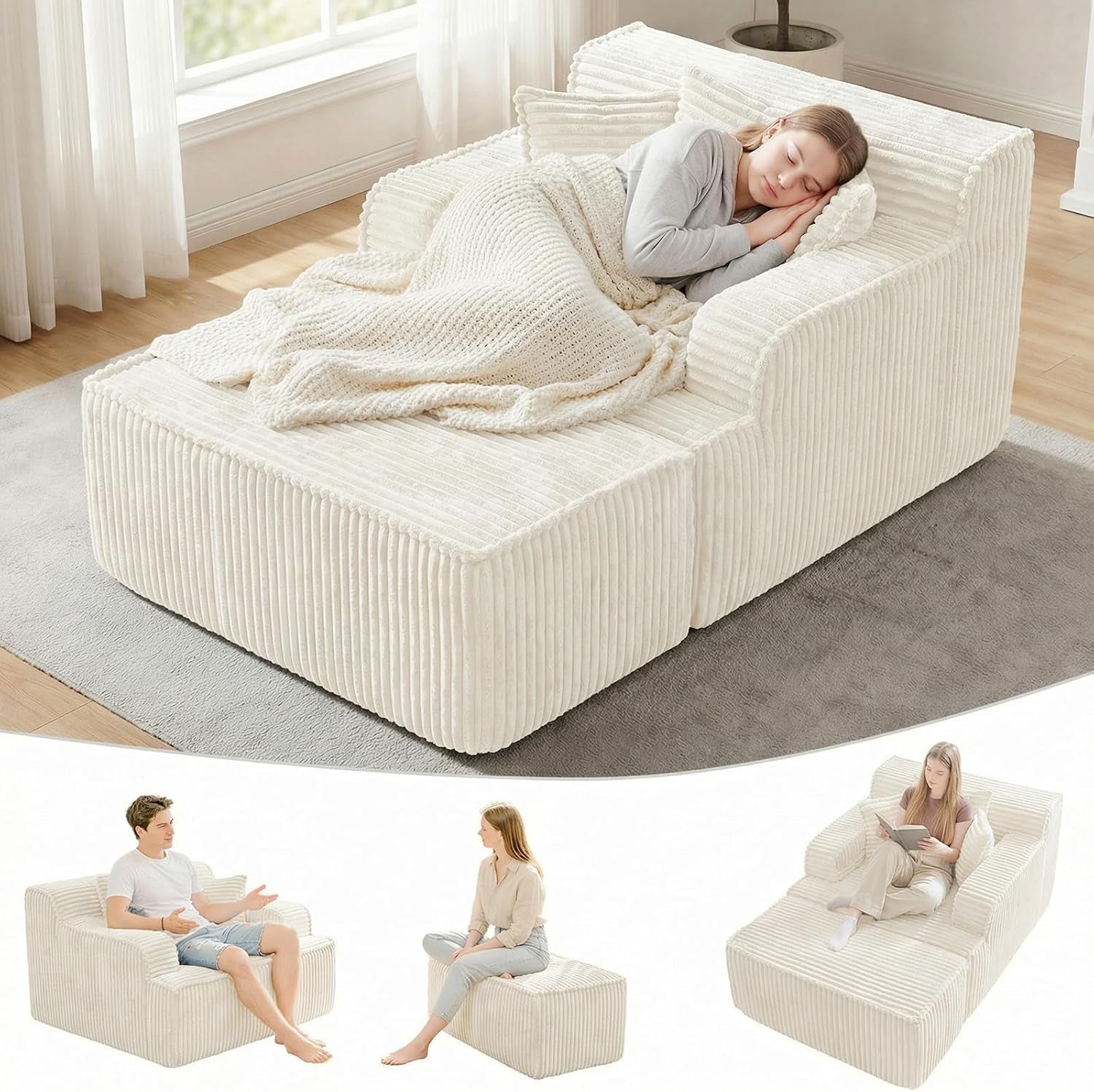 Ivory corduroy chaise shown as bed with woman sleeping and three small images of seating configurations