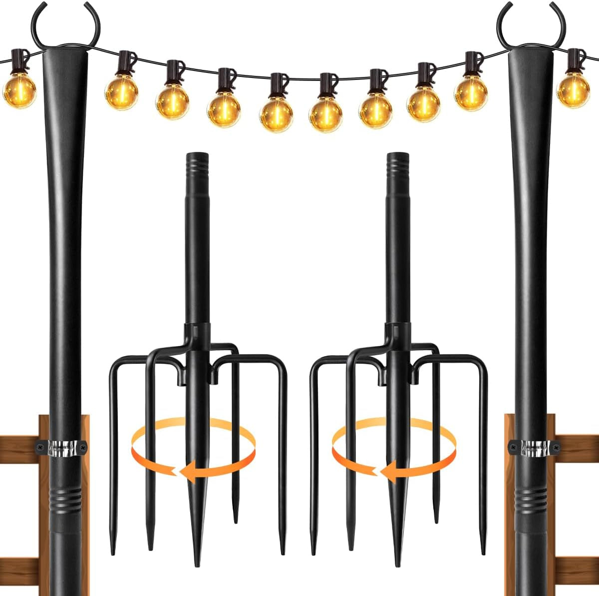 Two black metal pole sections with detachable four-prong ground stakes and string-light clips