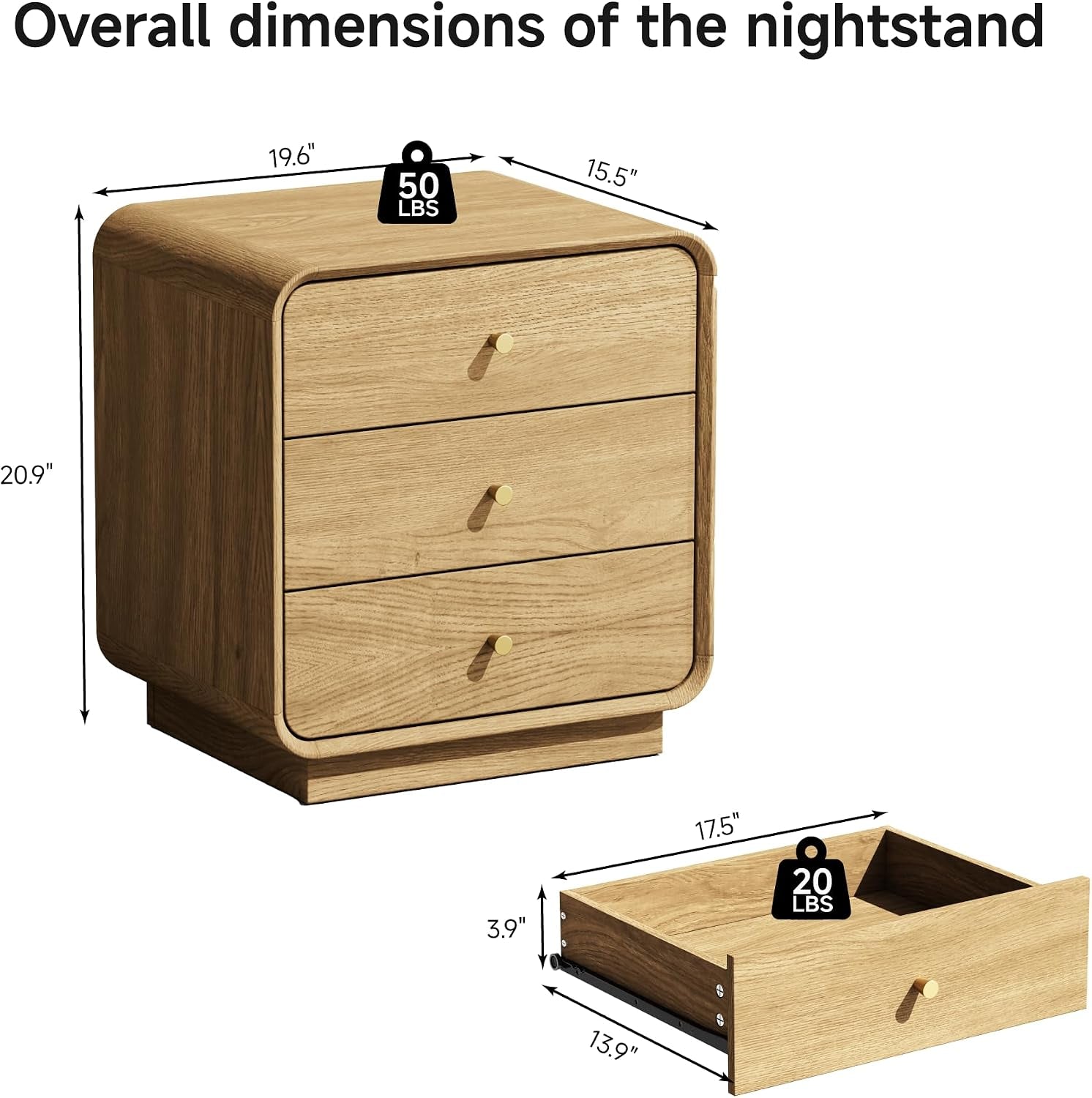 Nightstand with three drawers and dimensions callouts showing 19.6" width and 20.9" height plus drawer interior size