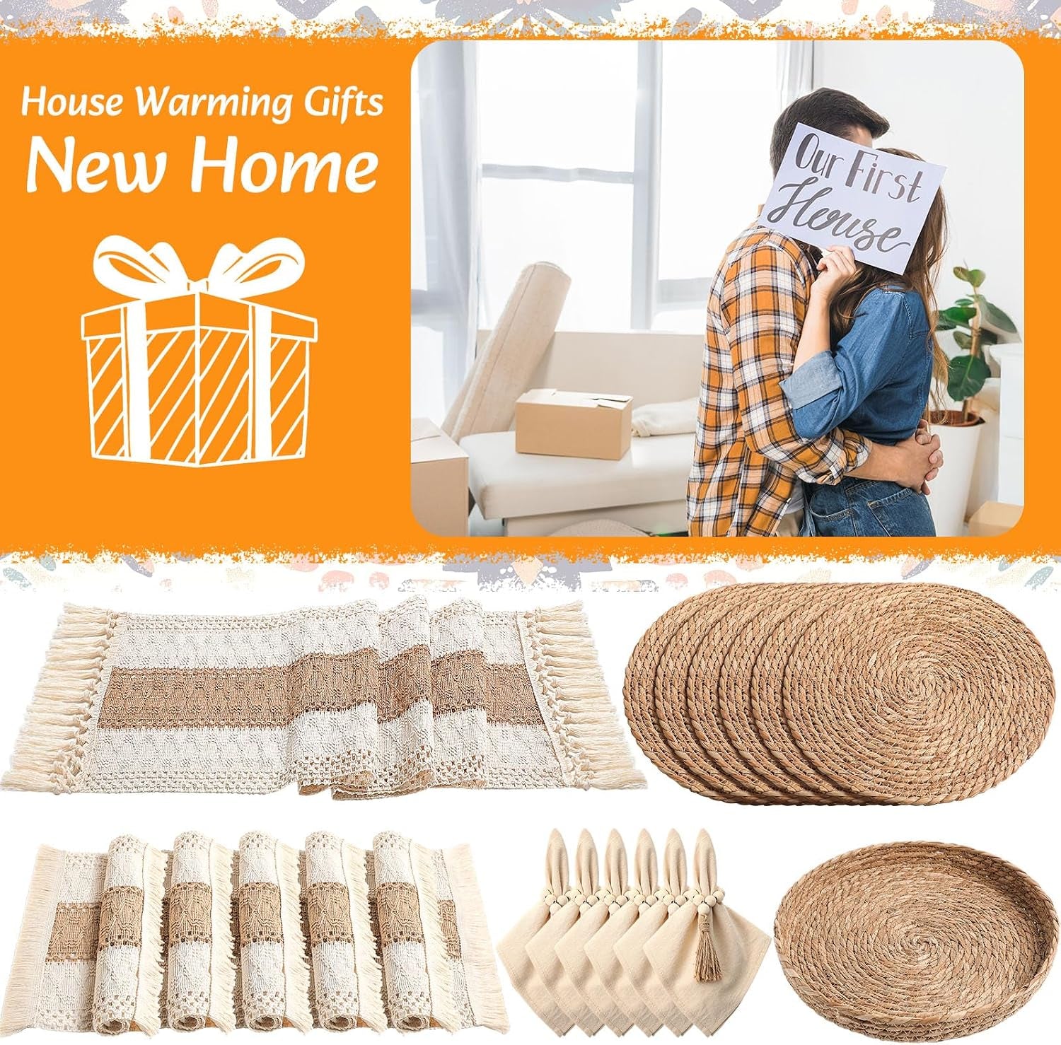 Flat lay of a table runner, stack of round woven placemats, rolled napkins with rings and a shallow woven basket